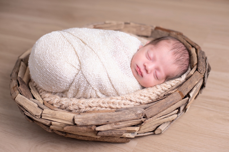 Newborn Photography,  baby lays quietly sleep in a basket and blanket