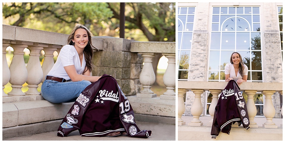 girl sits with letterman jacket on college campus for Downtown Georgetown + Spring Wildflower Session