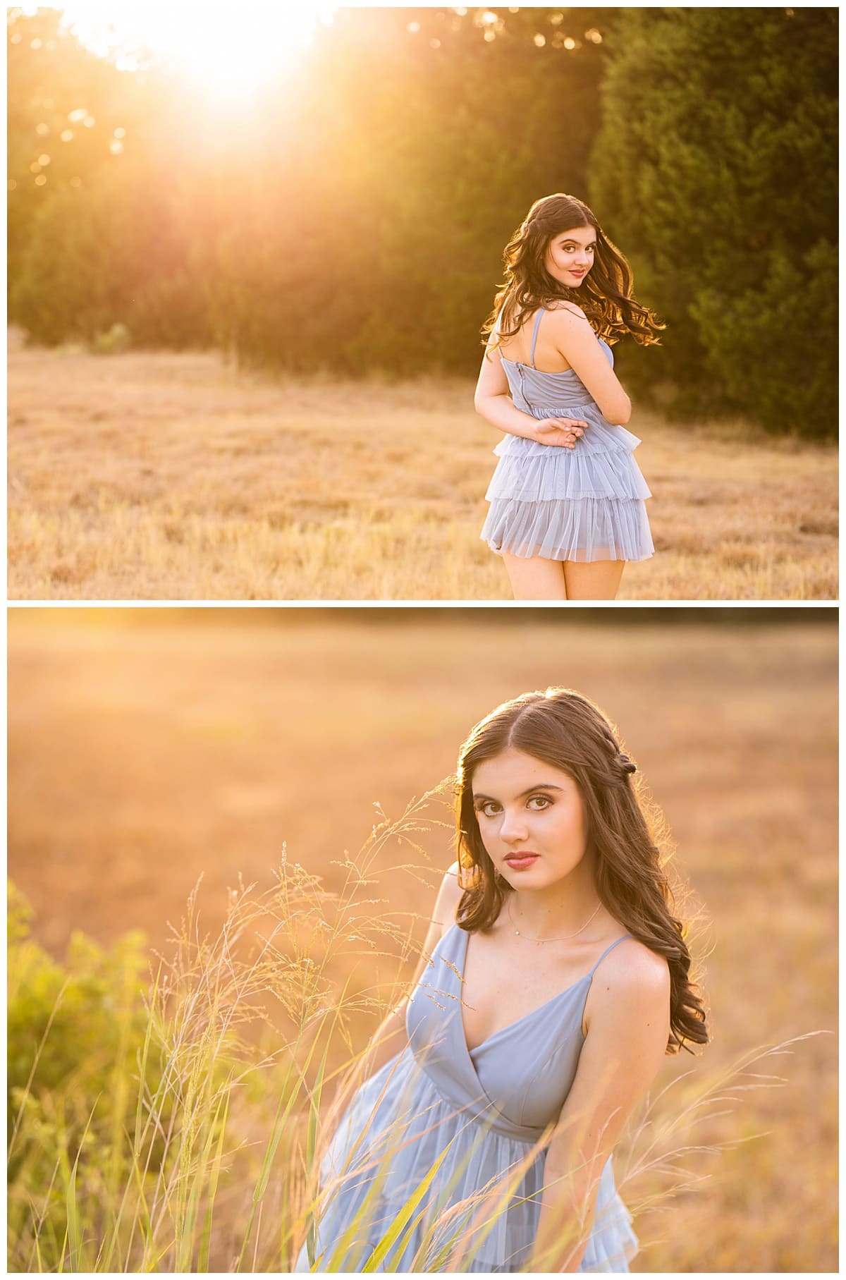 student dances in field during golden hour by Austin Senior Photographer